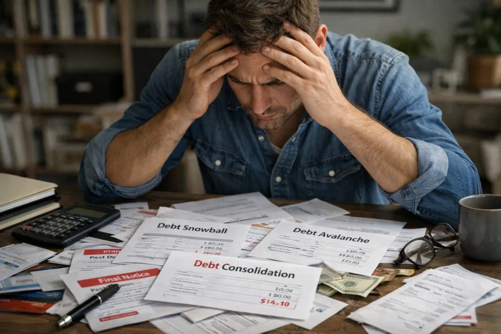 A stressed person reviewing multiple debt repayment strategies at a cluttered desk covered with unpaid bills, calculators, and financial documents, symbolizing confusion and the emotional burden of debt management.