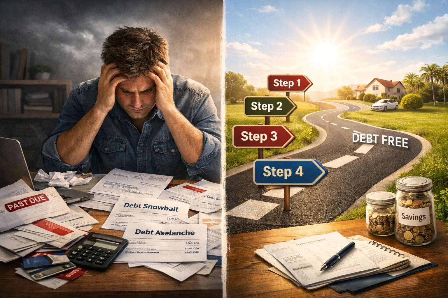 A frustrated person surrounded by unpaid bills and failed debt repayment plans on one side, while on the other side a bright, step‑by‑step debt payoff roadmap leads toward financial freedom, symbolizing transformation and hope in personal finance.