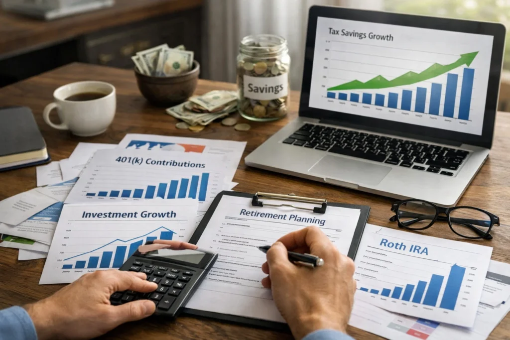 A person planning tax‑saving investments at a desk with documents, calculator, and laptop showing charts and savings growth, symbolizing smart financial planning and wealth building.