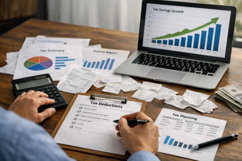 A person reviewing tax planning documents with a calculator and laptop showing tax charts, surrounded by scattered receipts and bills, symbolizing common tax planning mistakes and financial overwhelm.