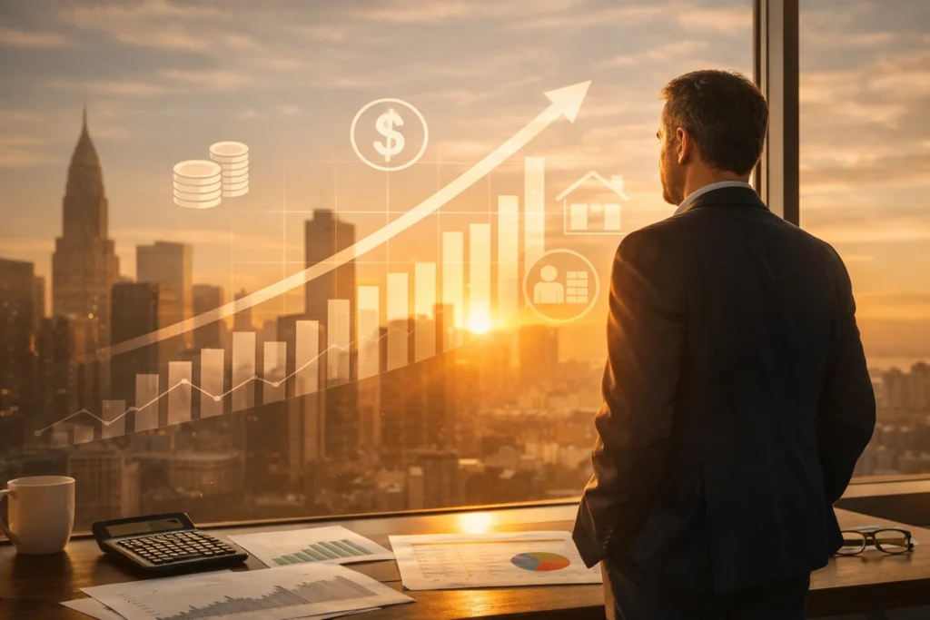 A confident professional standing by a window overlooking a city skyline at sunrise, with transparent upward‑moving financial graphics symbolizing tax‑efficient investing and wealth growth.