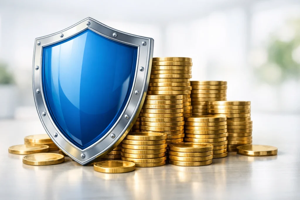 A shiny shield protecting stacks of gold coins, symbolizing insurance in finance and safeguarding wealth through smart financial planning.