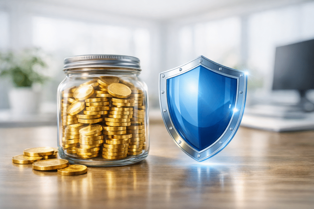 A transparent glass jar filled with gold coins beside a glowing blue shield in a bright modern office, symbolizing how to invest safely and protect wealth through secure financial strategies.