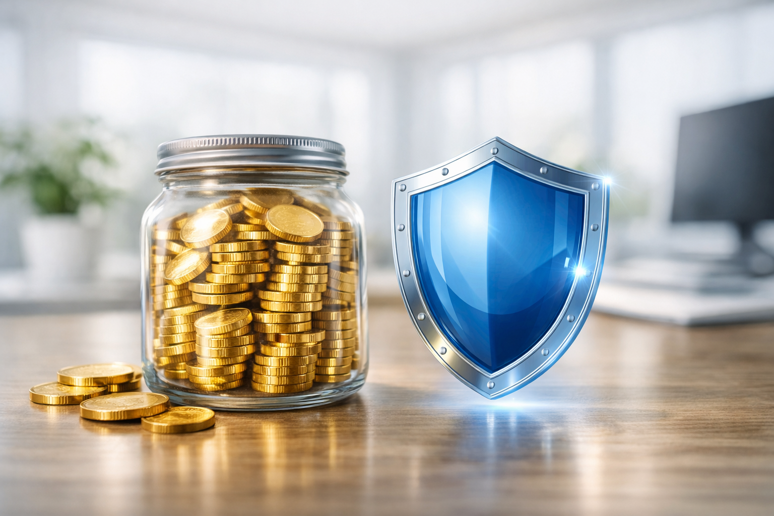 A transparent glass jar filled with gold coins beside a glowing blue shield in a bright modern office, symbolizing how to invest safely and protect wealth through secure financial strategies.