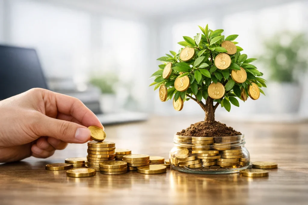 A hand regularly investing coins into a growing money tree in a bright modern office, symbolizing dollar‑cost averaging and steady financial growth through disciplined investing.