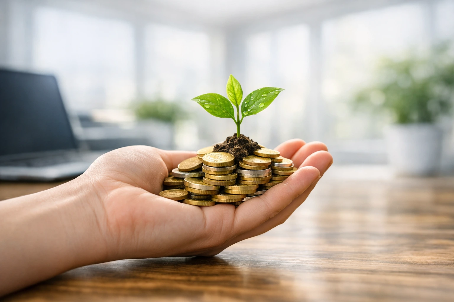 A hand gently holding a small plant sprouting from a pile of coins in a bright modern office, symbolizing dollar‑cost averaging and consistent long‑term investment growth through disciplined investing.