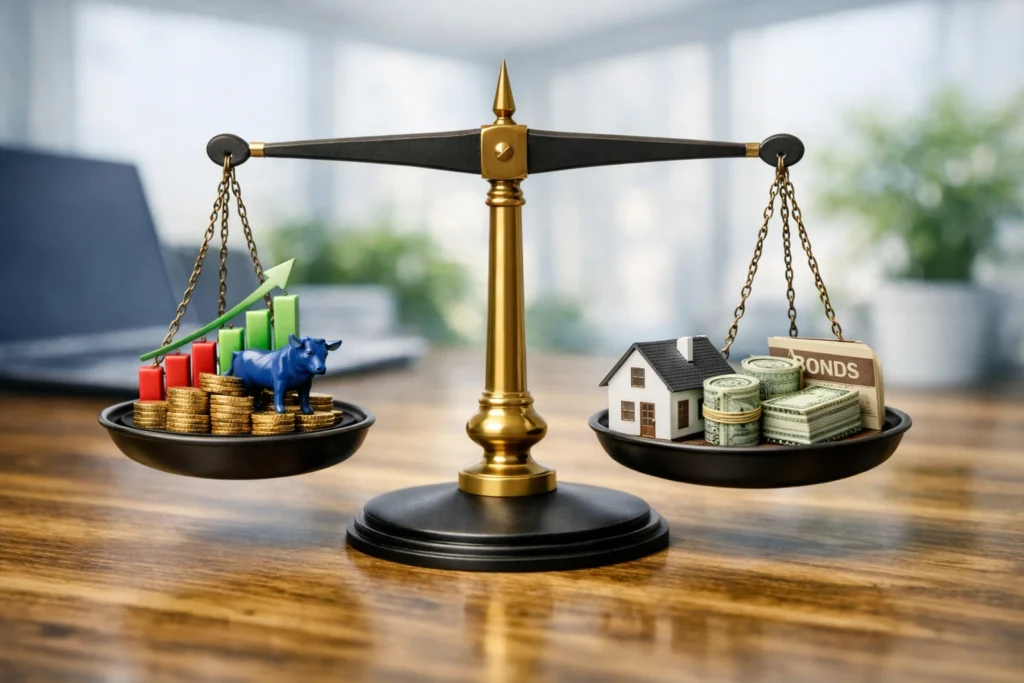 A financial scale balancing stocks, bonds, real estate, and cash in a modern office setting, symbolizing asset allocation explained and the secret to long‑term investing.