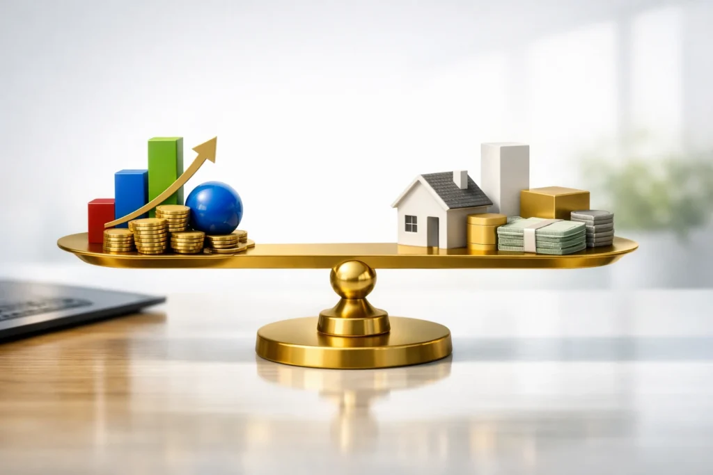 A conceptual 3D illustration of a golden scale balancing abstract geometric shapes representing stocks, bonds, real estate, and cash, symbolizing asset allocation explained and the secret to long‑term investing.