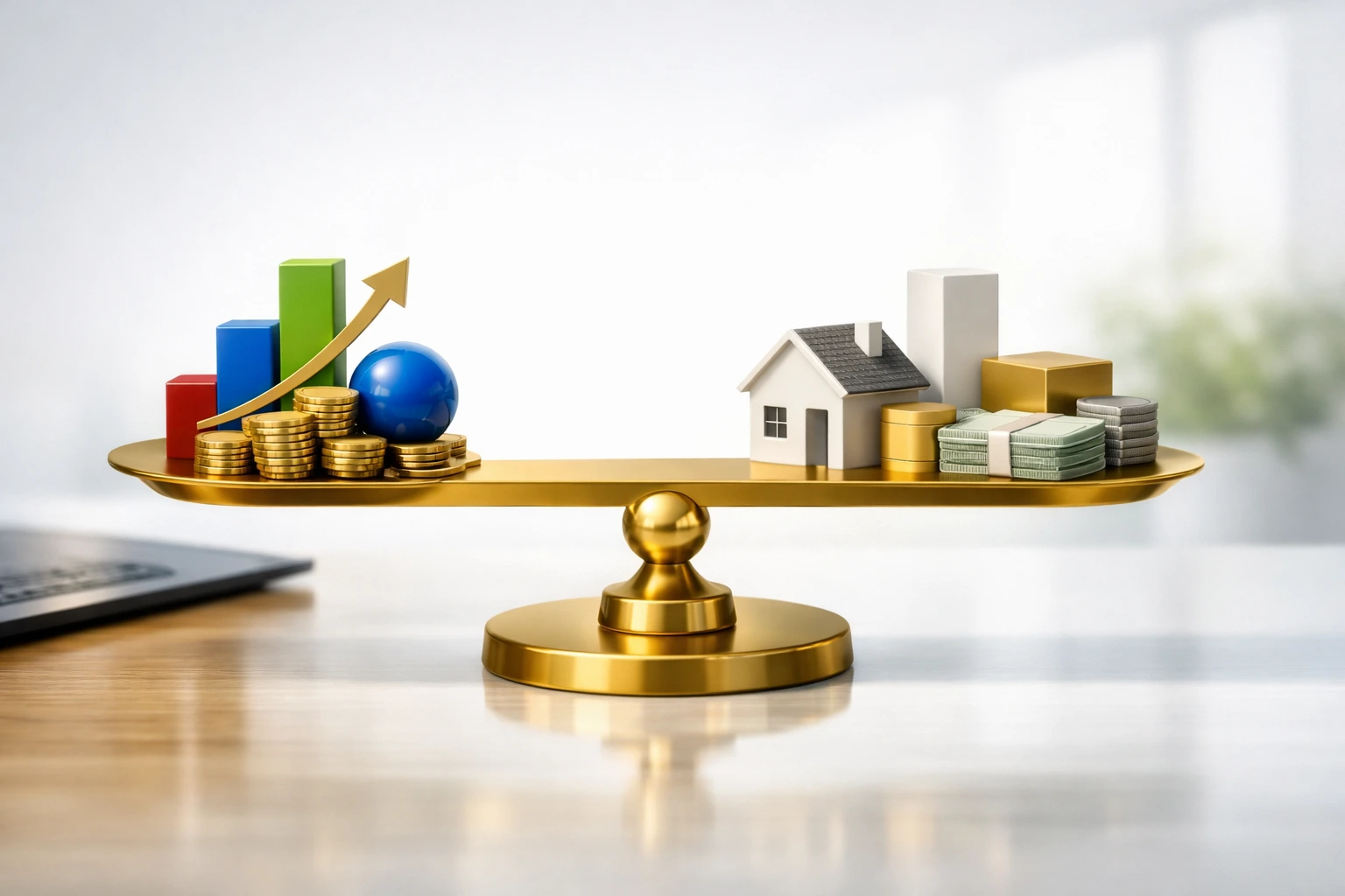 A conceptual 3D illustration of a golden scale balancing abstract geometric shapes representing stocks, bonds, real estate, and cash, symbolizing asset allocation explained and the secret to long‑term investing.
