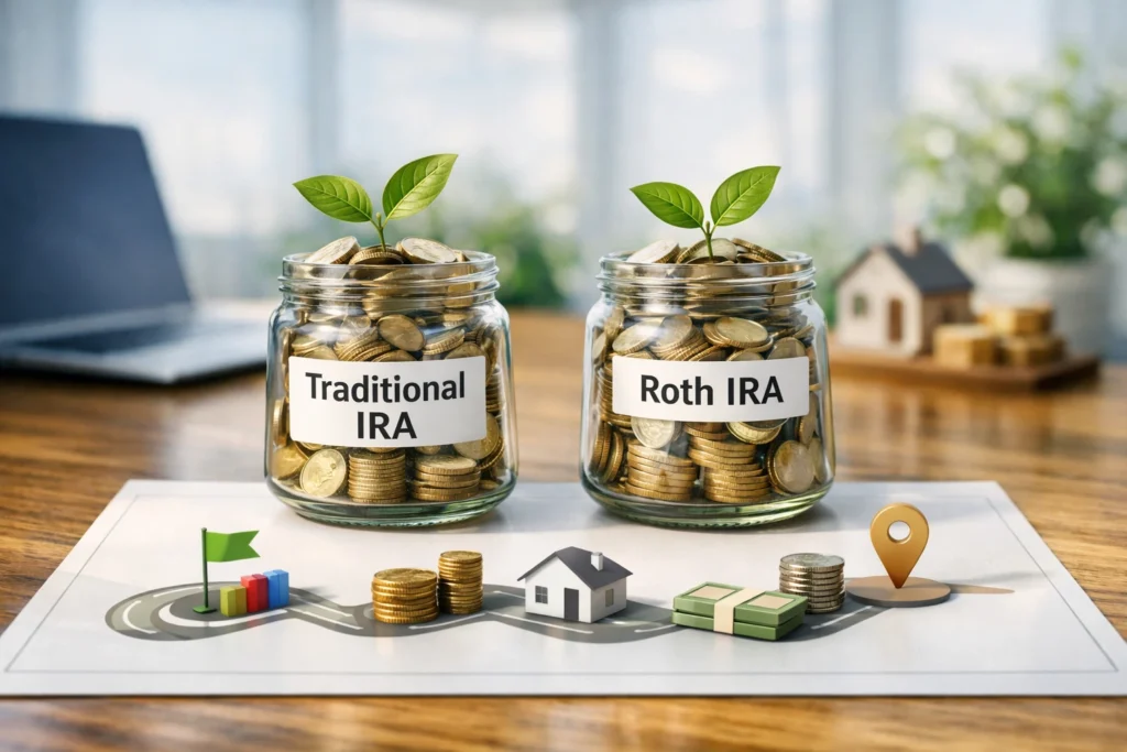 Two glass jars labeled Traditional IRA and Roth IRA filled with growing coins and small plants on a desk beside a retirement roadmap, symbolizing Traditional IRA vs Roth IRA and long‑term retirement planning.