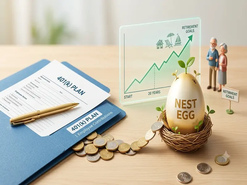 A detailed visual metaphor for '401(k) Explained'. A blue file folder labeled "401(k) PLAN" contains an enrollment form and a pen. A trail of gold coins leads into a sprouting gold 'NEST EGG' in a nest, symbolizing contributions and growth. In the background, a rising holographic graph and a retired couple visualize retirement goals.