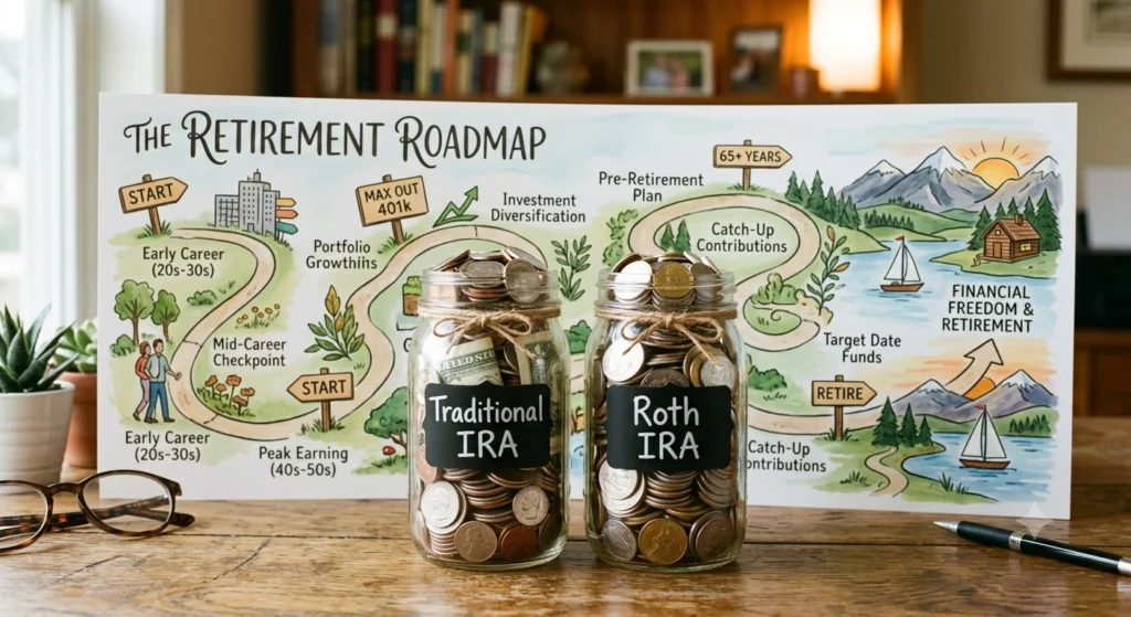 Two glass jars labeled Traditional IRA and Roth IRA filled with coins and small plants growing from them on a wooden desk with a retirement roadmap illustration, symbolizing Traditional IRA vs Roth IRA and long‑term retirement planning.