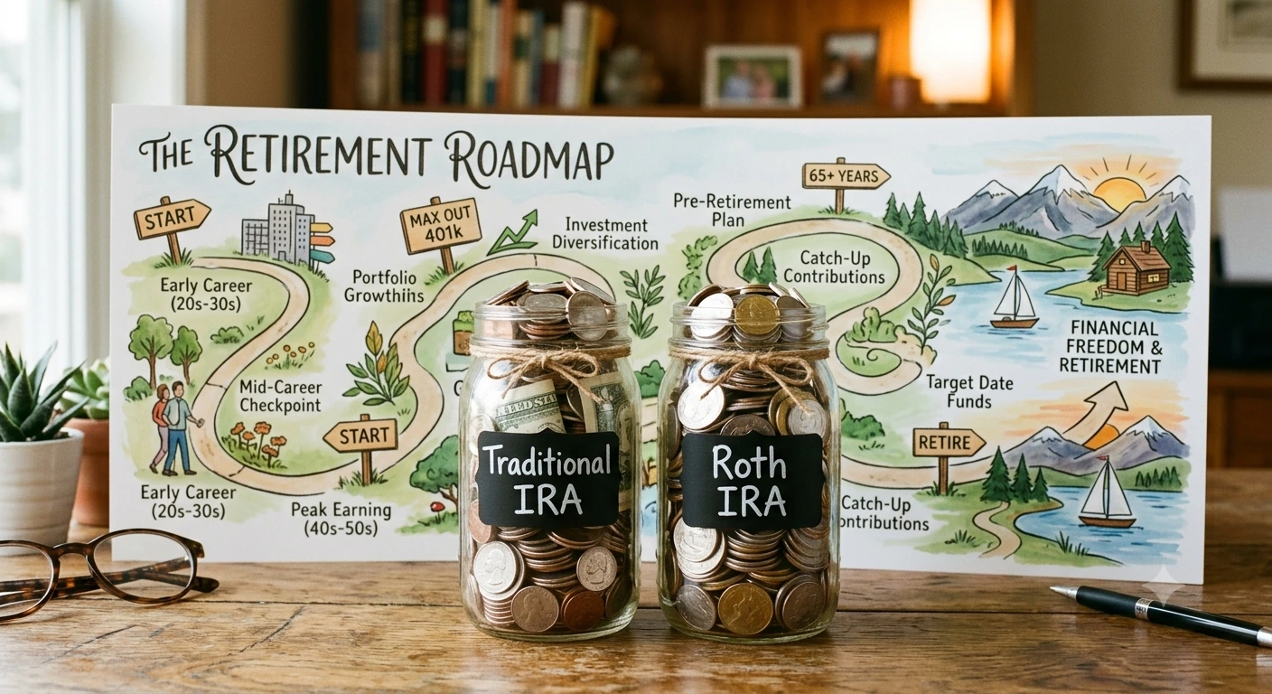 Two glass jars labeled Traditional IRA and Roth IRA filled with coins and small plants growing from them on a wooden desk with a retirement roadmap illustration, symbolizing Traditional IRA vs Roth IRA and long‑term retirement planning.