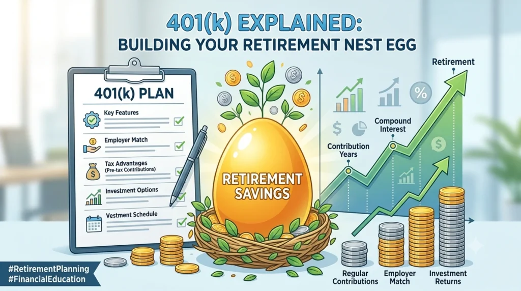 A growing retirement savings nest egg next to a 401(k) document, coins, and a rising financial graph